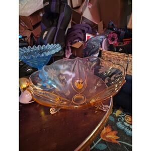 3 Footed Lancaster Jubilee Pink Depression Glass Floral Vtg Etched Bowl 1930s